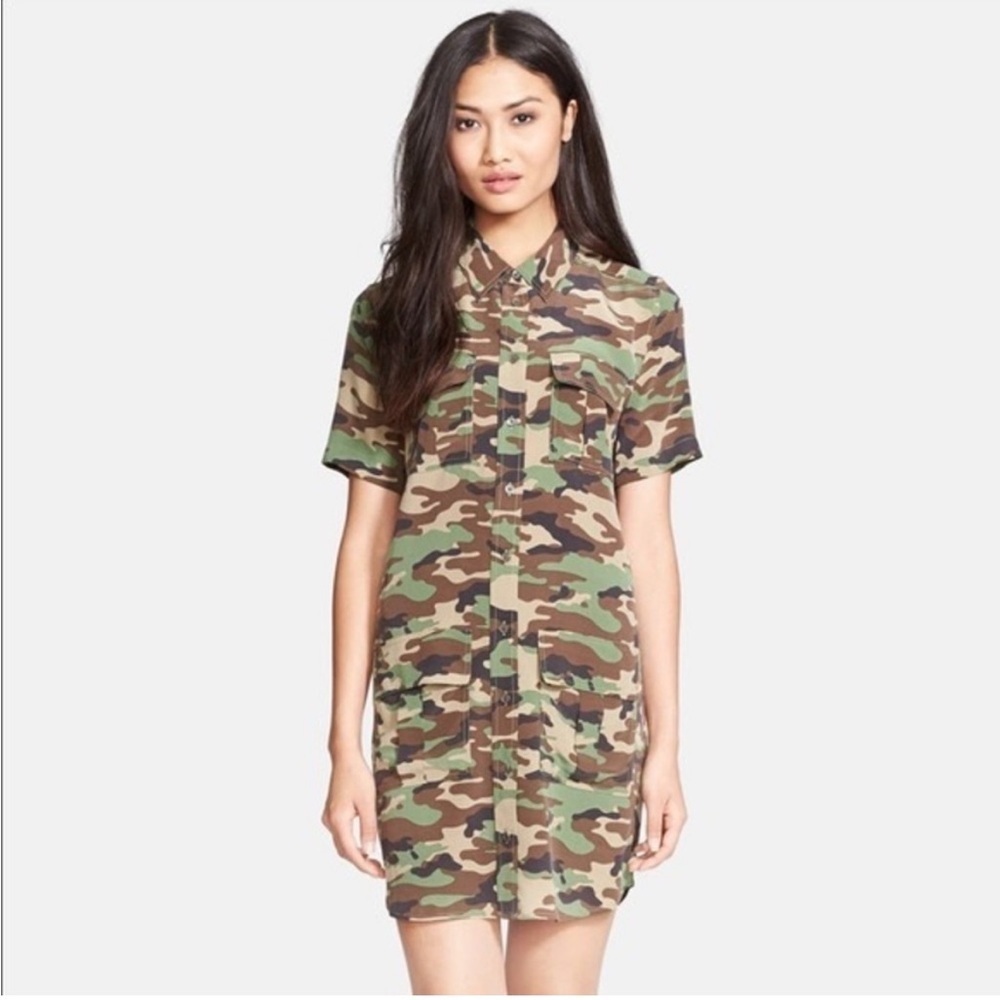 Equipment 100% Silk Camo Remy Utility Knee Length Short Sleeve Shirt Dress